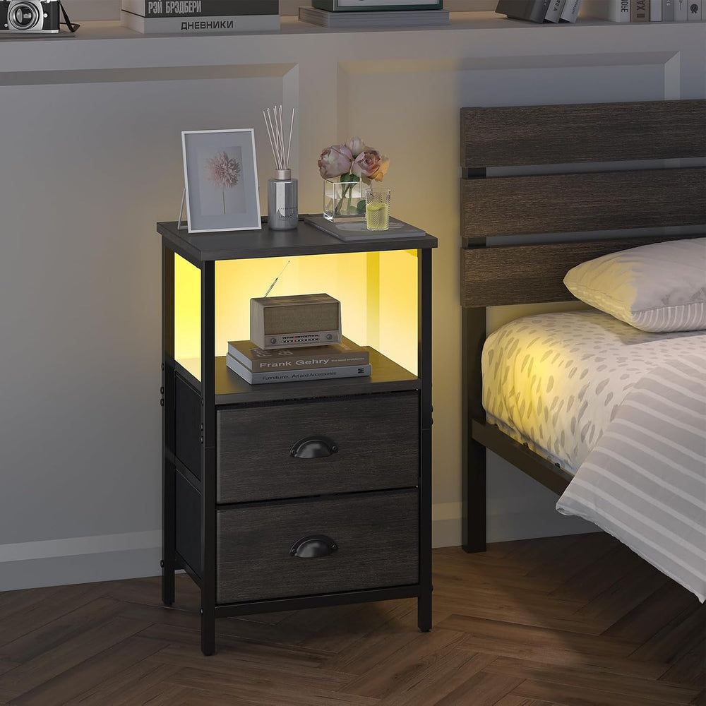 sthmec Nightstand with Charging Station, LED Night Stand Set of 2, Bedside Ta...