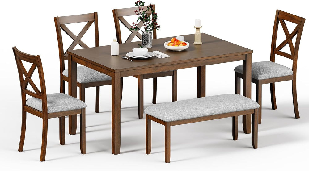 Zevemomo 6-Piece Wooden Dining Table Set, Wooden Legs Dining Table, Walnut | ...
