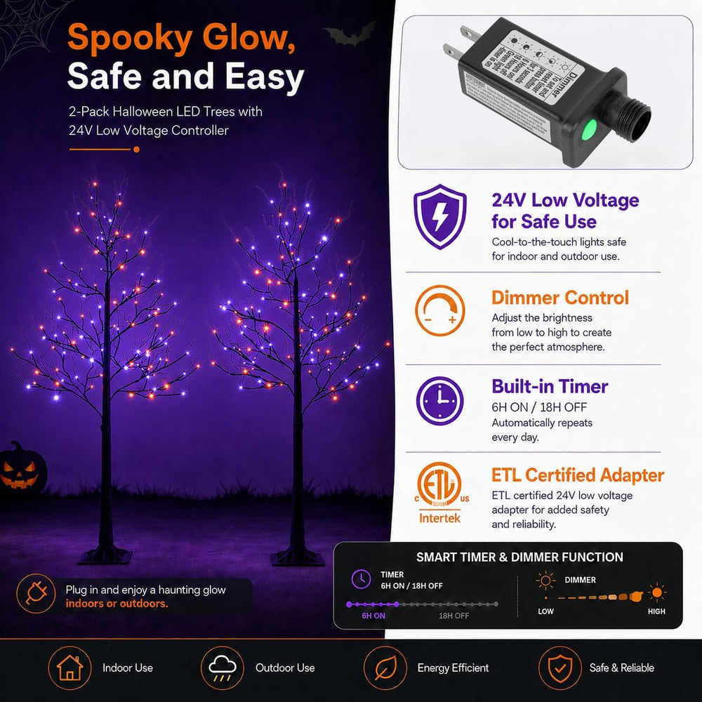 6FT LED Lighted Halloween Tree 2-Pack Orange Purple Lights Décor