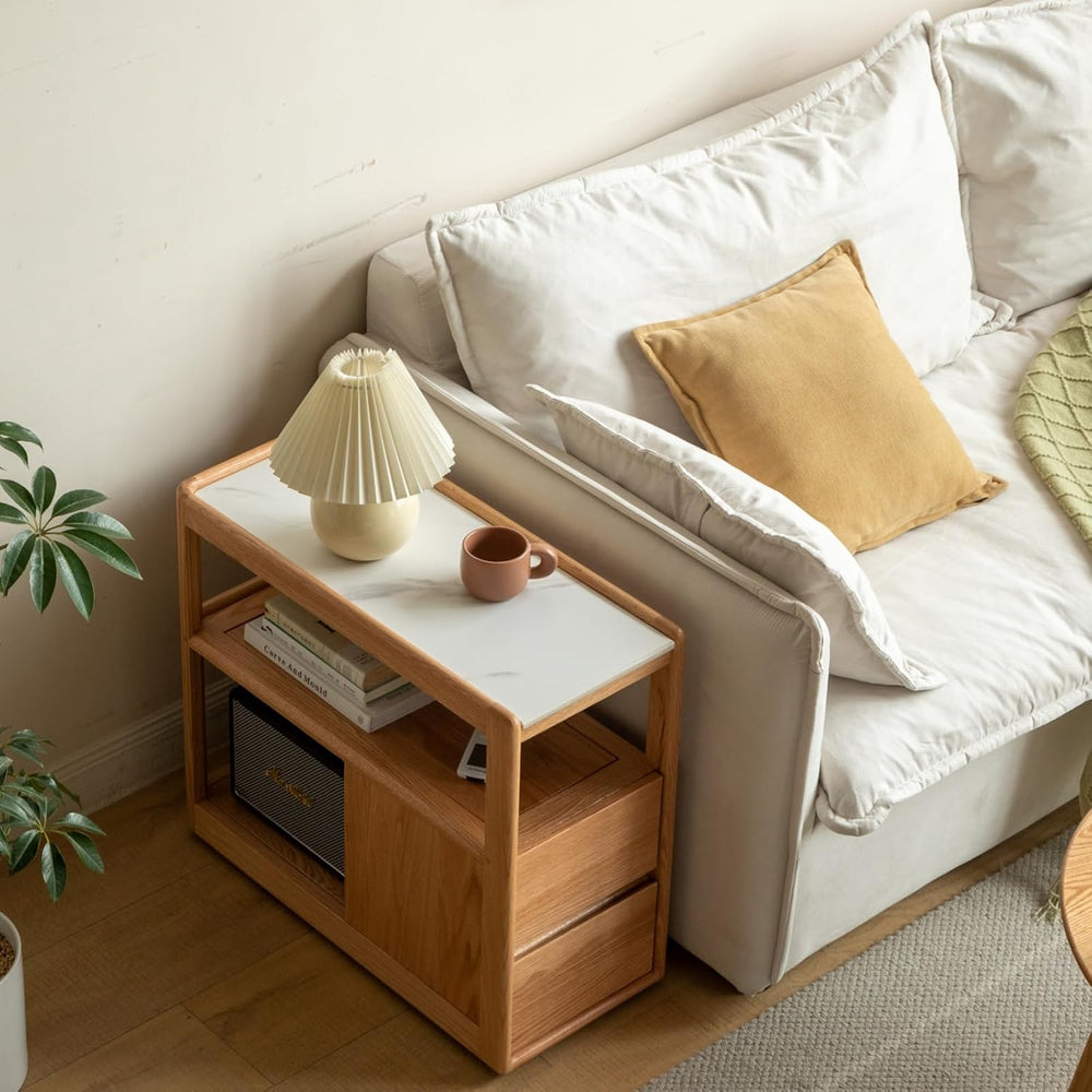 100% Solid Wood Side Table with Storage, Narrow End Table with 2 Drawers, Sli...