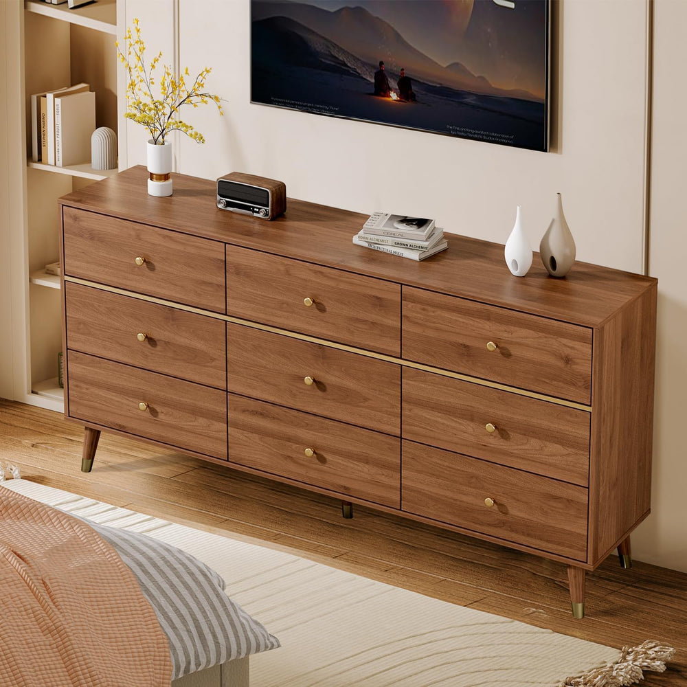 Chrangmay 9 Drawer Dresser,63" Wide Mid Century Modern Chest of Drawers,...