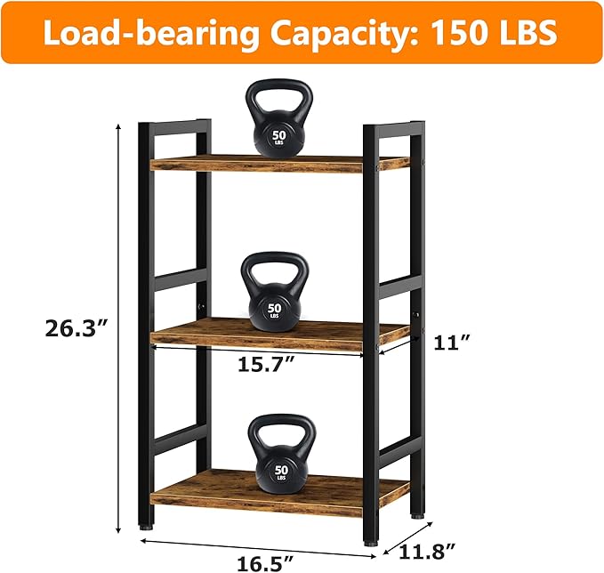 Book Shelf, 3 Tier Bookcase with Steel Frame, Stable Bookshelf Narrow Book Sh...