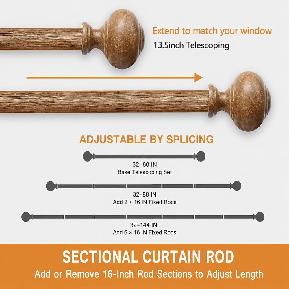1 Pack Boho Rustic Adjustable Wood Curtain Rod 32-88 Inch, Wood