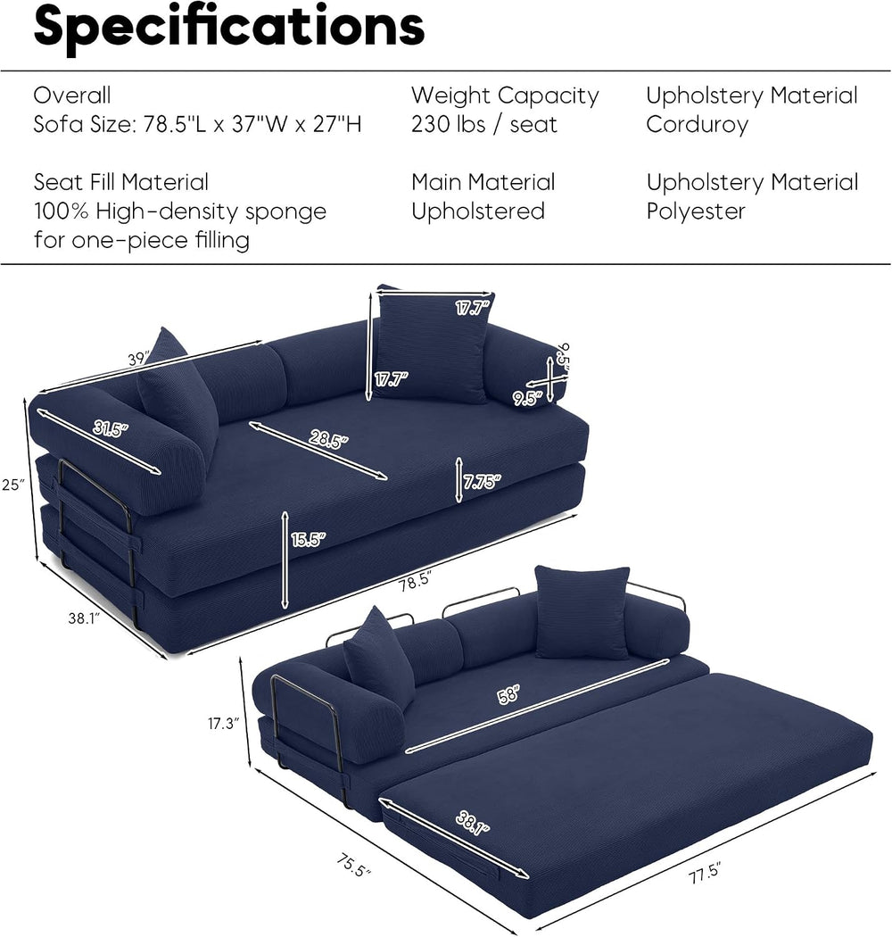 78" Convertible Futon Sofa Bed, Boneless Couches for Living Room, Blue