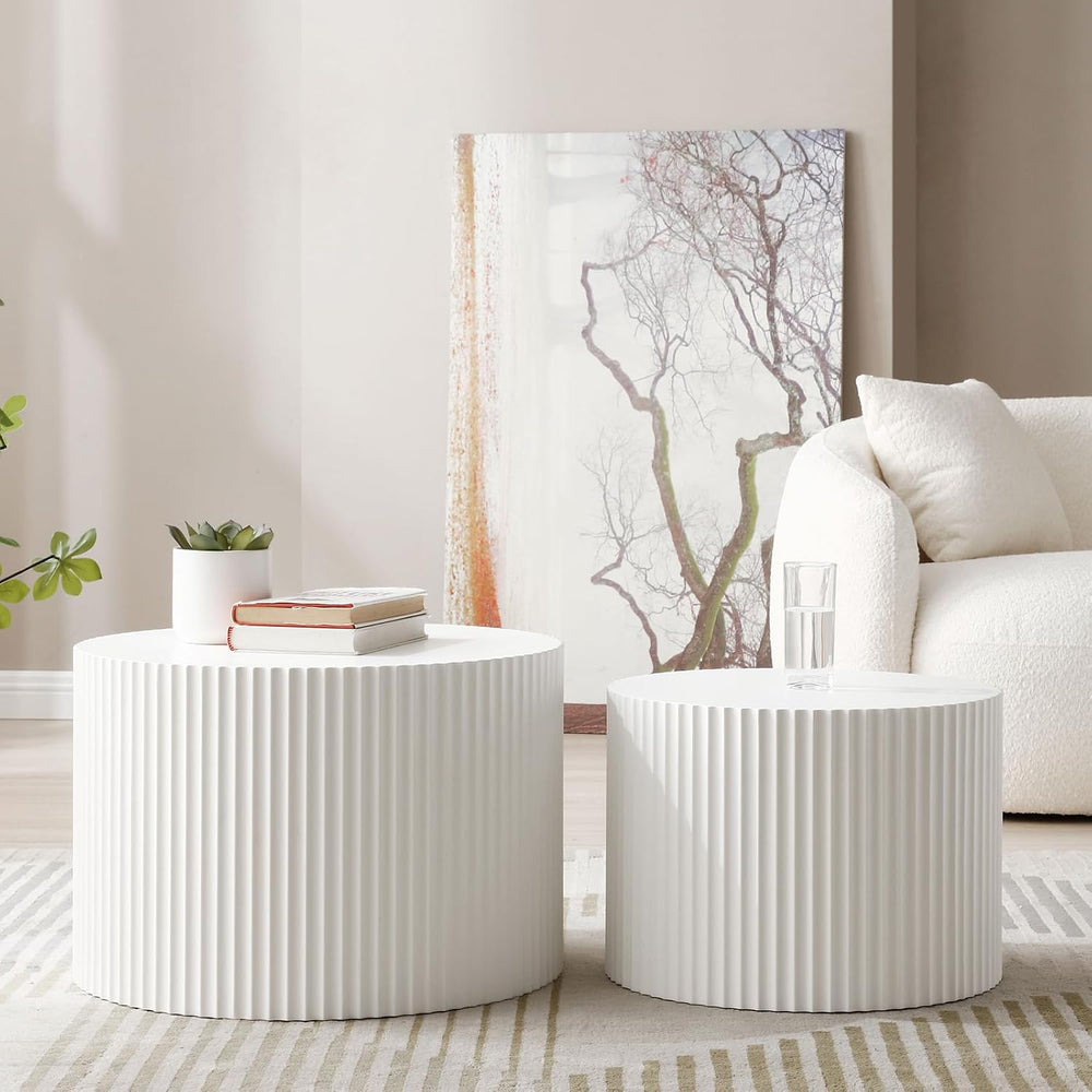 Round Nesting Coffee Table Set of 2, Modern Handcraft Wood Side Table Drum Ac...