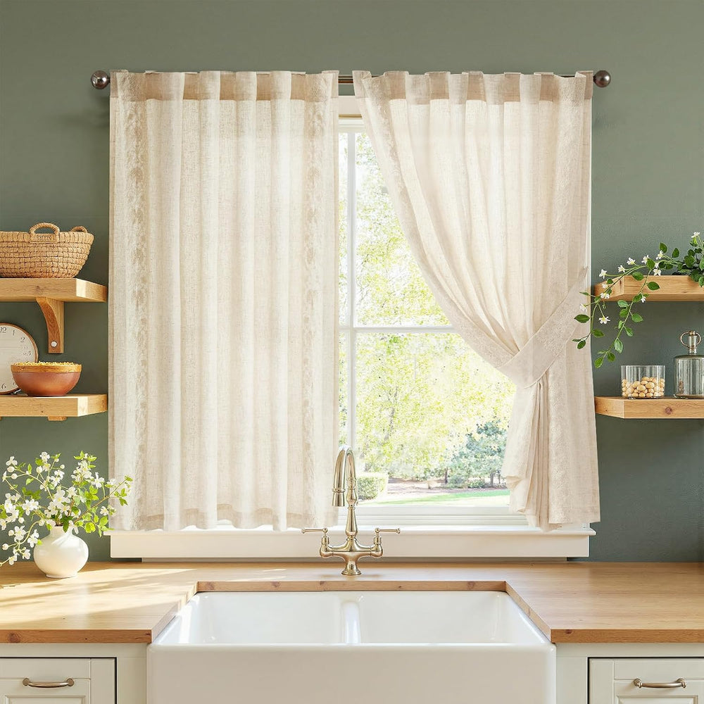 jinchan Ivory Floral Linen Kitchen Tier Curtains Back Tab 54×54 2 Panels