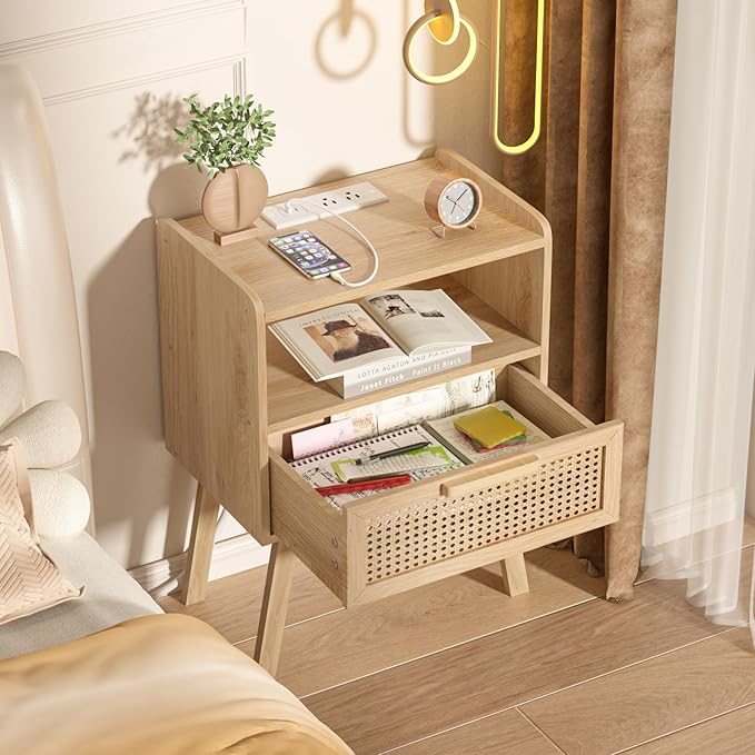 Lerliuo Rattan Nightstands Set of 2 with Charging Station, Boho Night Stand w...