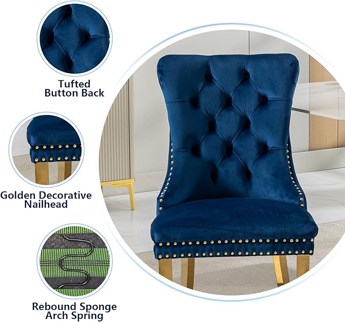 Blue Velvet Dining Chairs Set of 4, Dining Room Chairs Set of 4, Tufted Uphol...