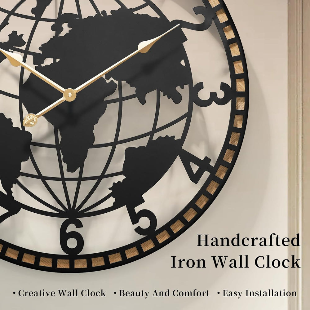 Large World Map Wall Clock 24 Inch,Non-Ticking Metal Decorative Wall Clock, S...