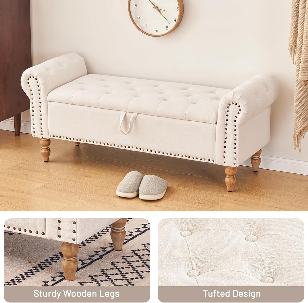 Furniliving 51” Storage Benches, End of Bed Bench with Button-Tufted Large Up...