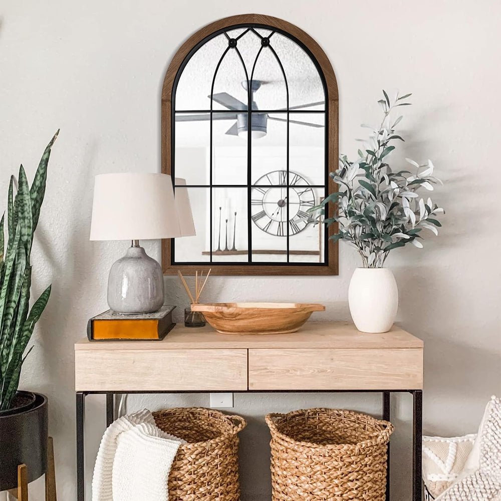 blue page Arched Window Pane Mirror 36x24 Inch Wood Frame, Window Brown