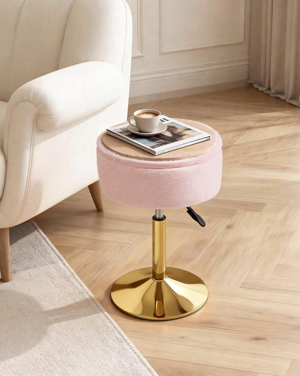 LITZFUR Gold Vanity Stool with Storage, Swivel Vanity Chair, Pink