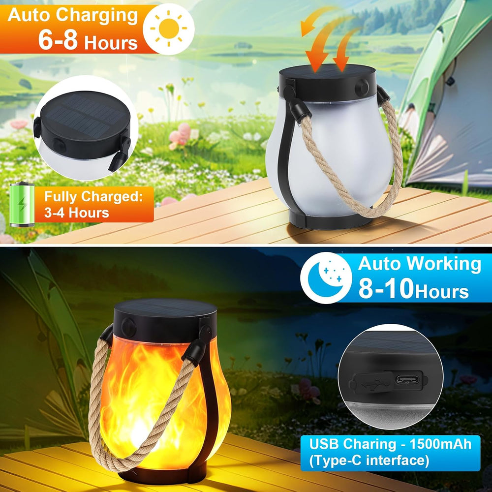 Solar Lanterns Outdoor 4-Pack with Ultra-Real Flame Lights, Dual Charging (US...