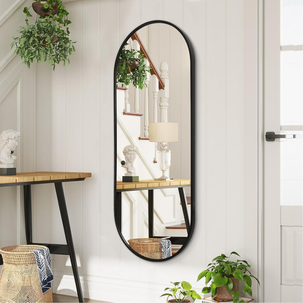 Black Oval Bathroom Full Length Mirror, 48x16'' Pill Shaped Oblong Va...