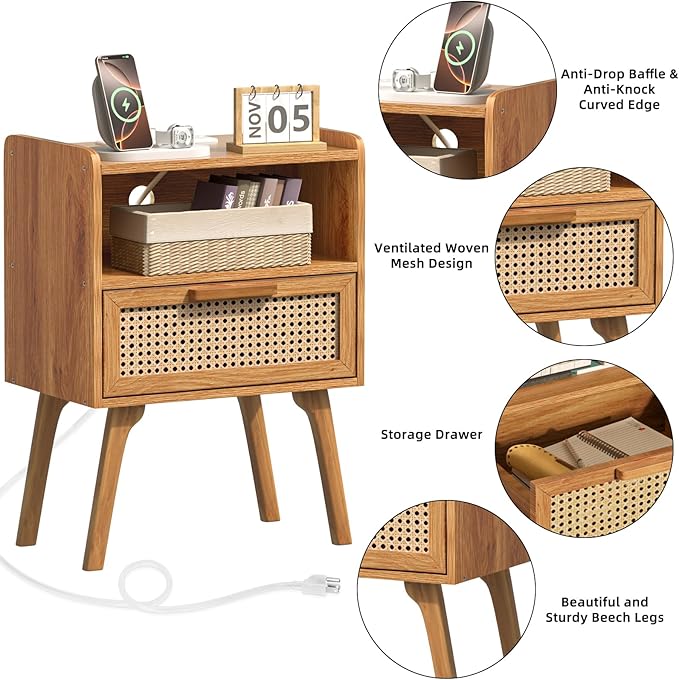 Lerliuo Rattan Nightstands Set of 2 with Charging Station, Side Table with Dr...