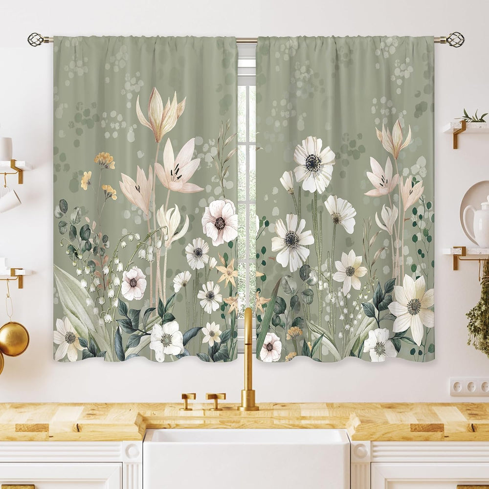Green Boho Flower Small Kitchen Curtains Flower Plant Window Treatment Botani...