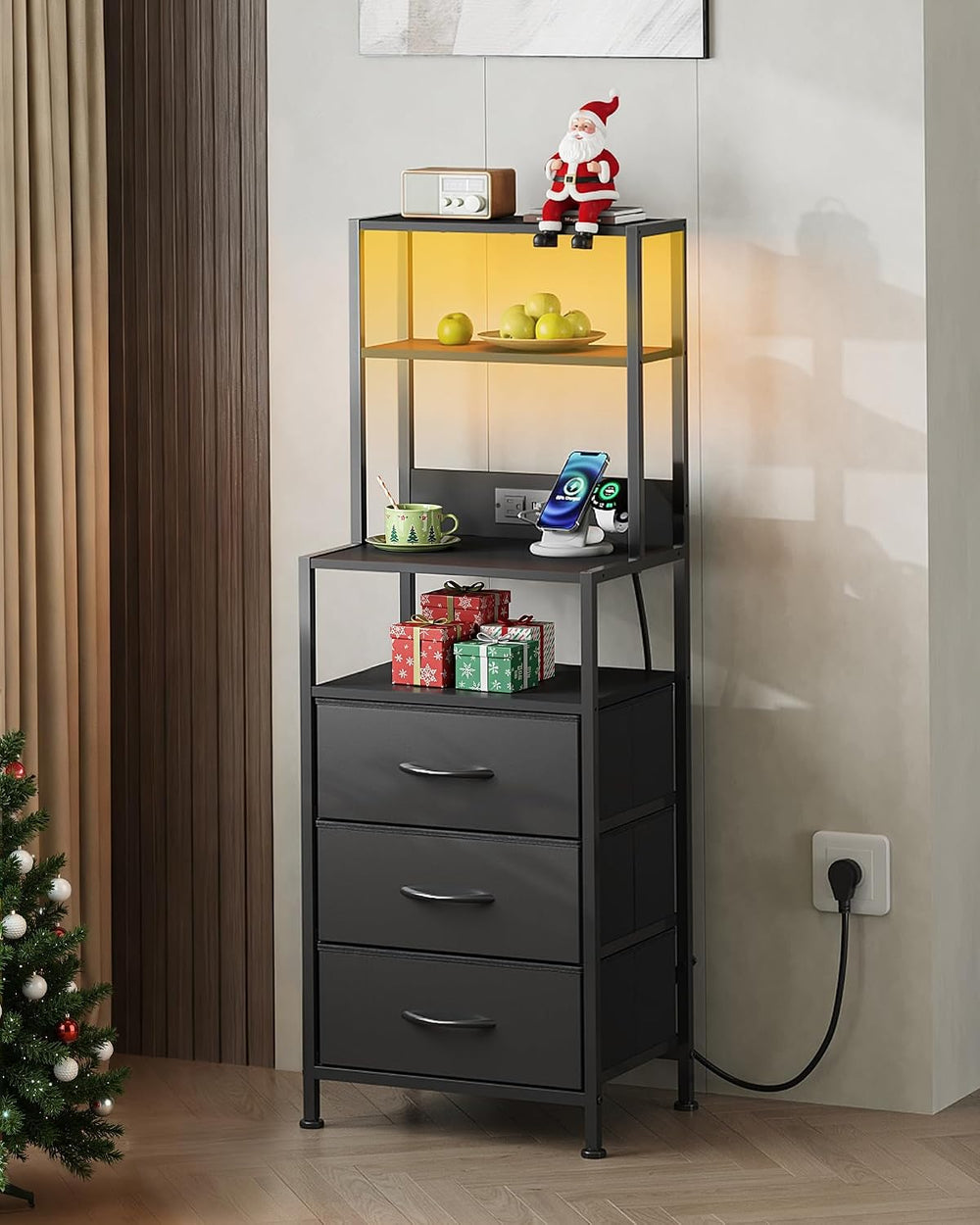 WLIVE Tall Nightstand with Charging Station, LED Night Stand with 3 Fabric Dr...
