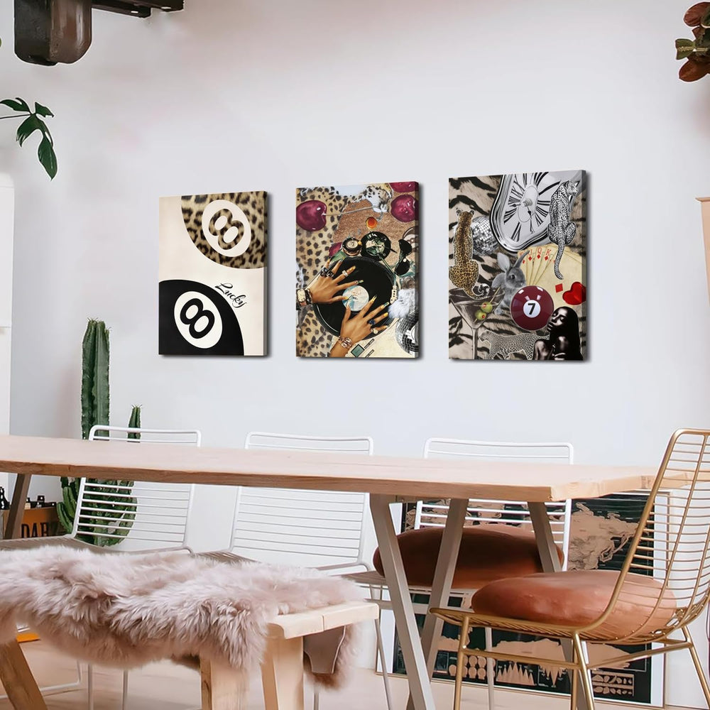 Fashion Cheetah Wall Art Set of 3 Leopard Wall Decor Pictures Lucky 8 Ball Po...