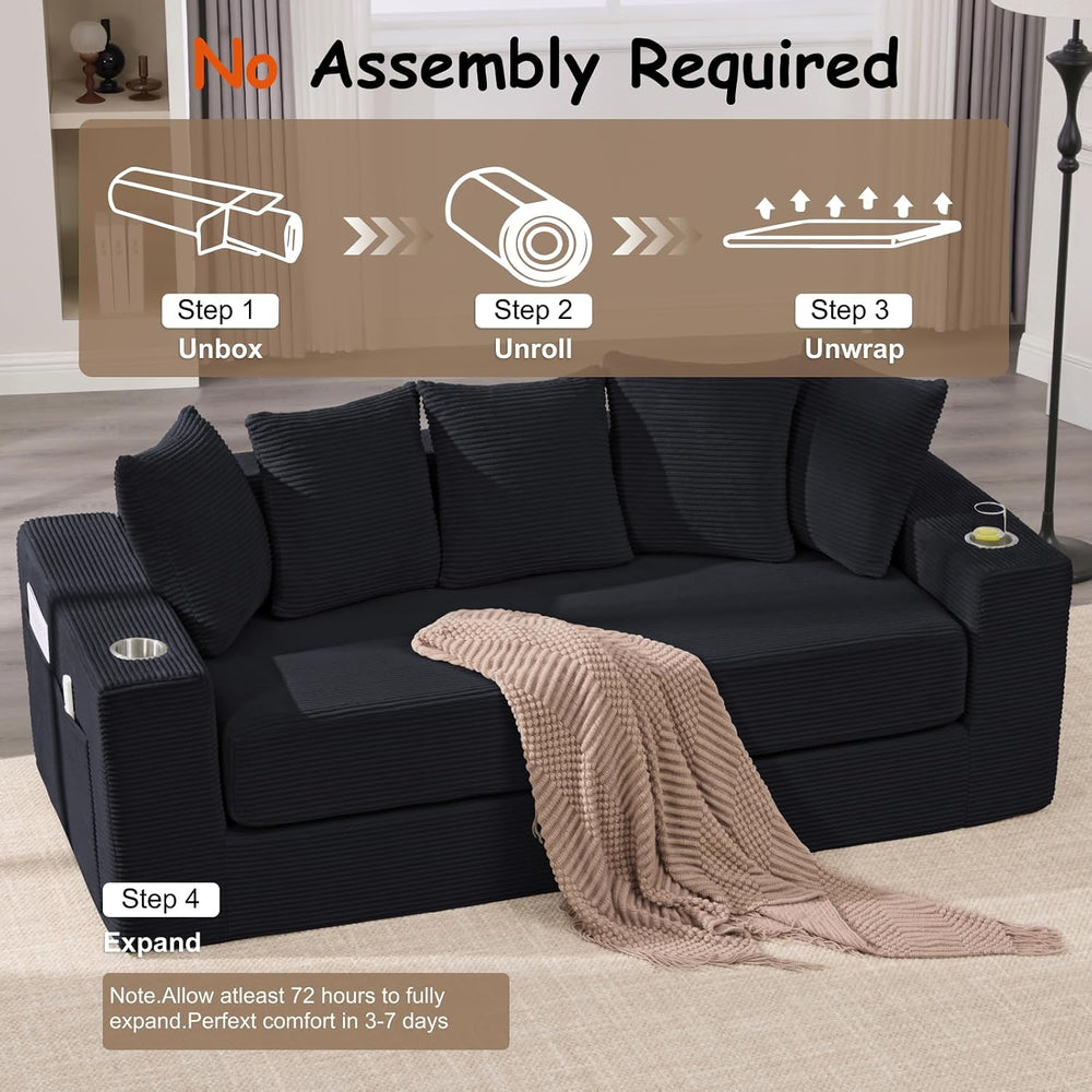 76" Convertible Sofa Bed, Corduroy Boneless Couch with Cup Holders &...