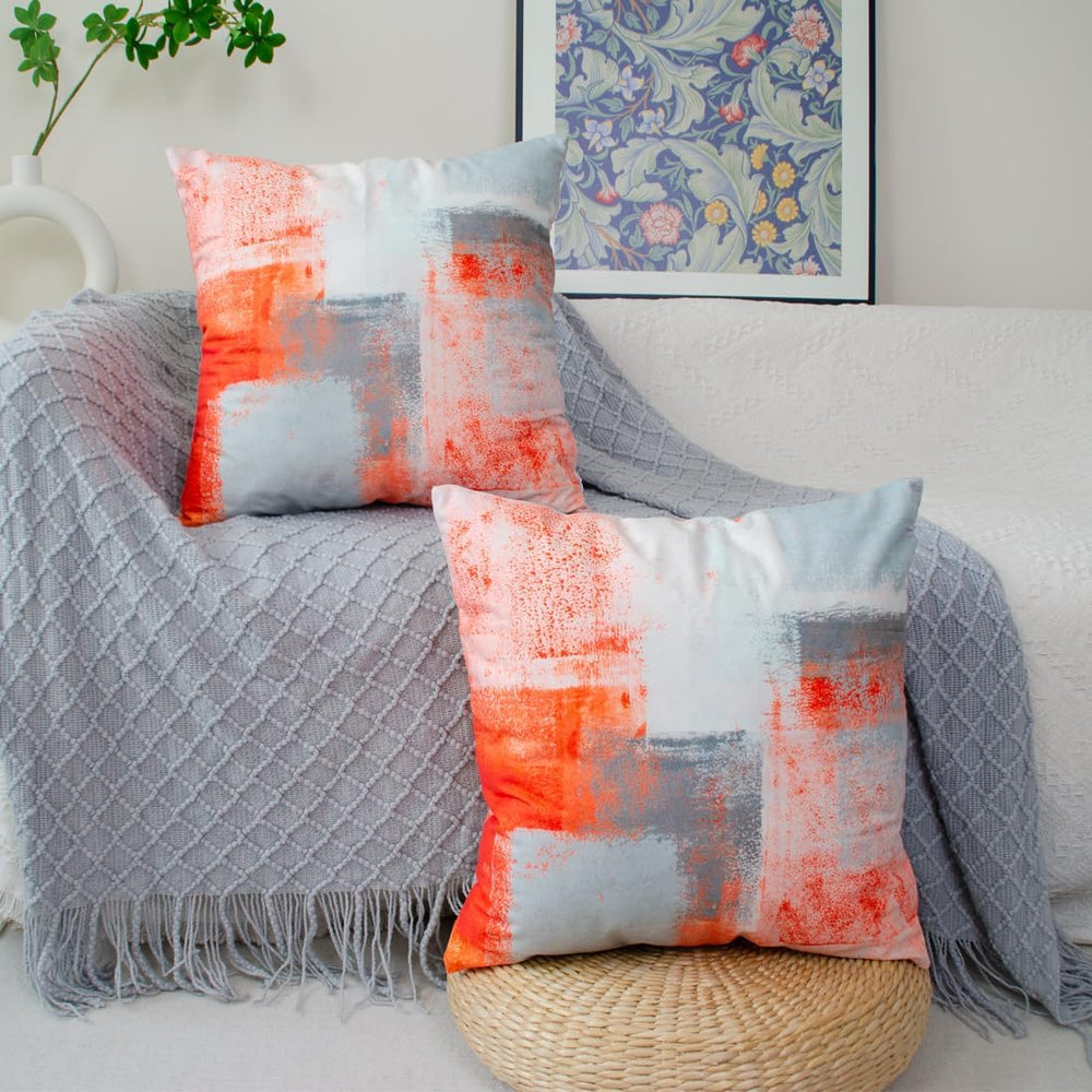 Cushion Cover 40 x 40 cm, Orange Grey White Cushion Covers, Set of 2, Decorat...