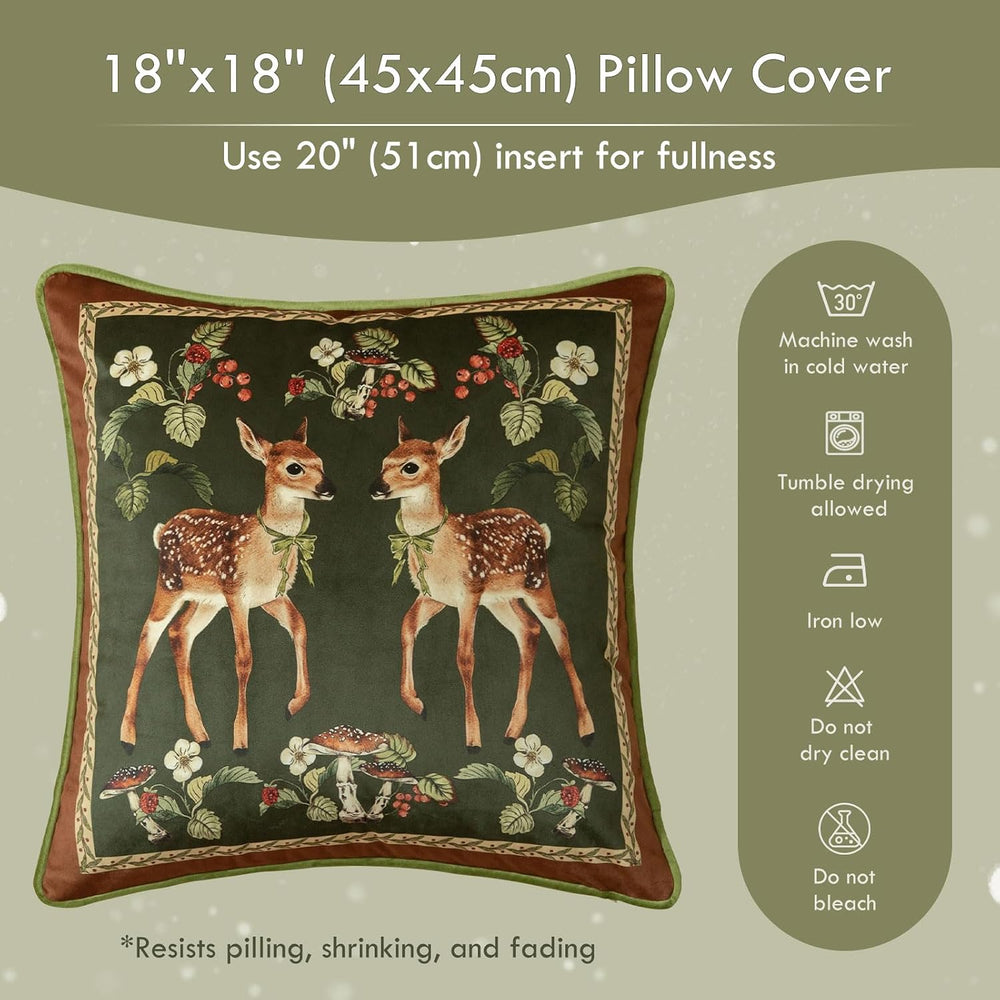 Vintage Christmas Pillow Cover 18x18, Holly Deer