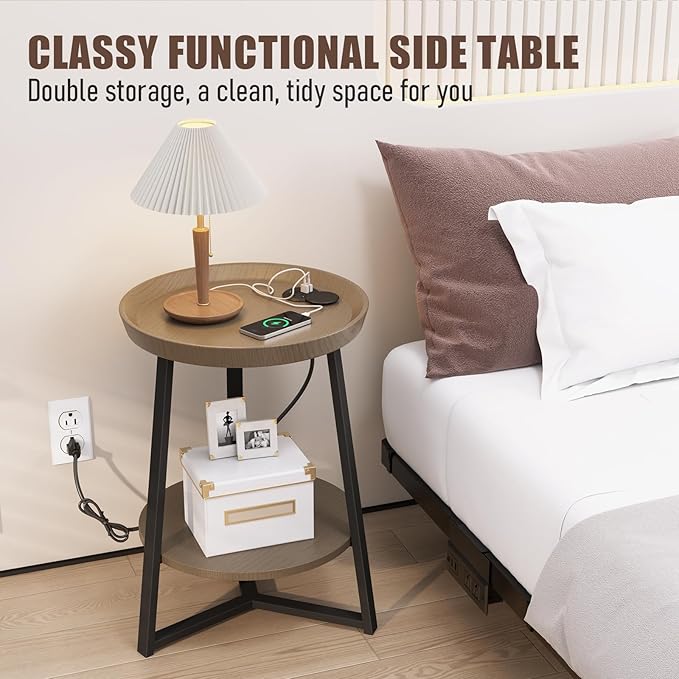 Gadroad Round End Table with Charging Station, USB Ports, Wood Tabletop &...
