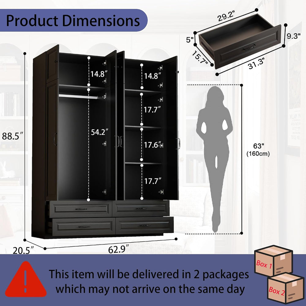 Black Armoire Wardrobe Closet: 88" Extra Tall Wardrobe Closet with 4 Dra...