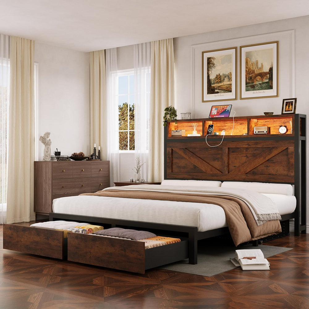 Farmhouse Full Bed Frame with Bookcase Storage Headboard, Charging Station, L...