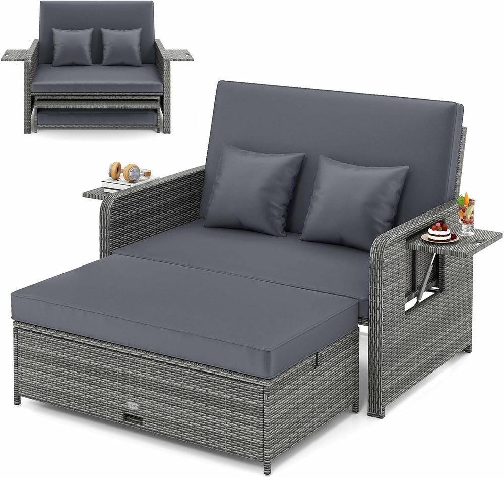 Moccha Outdoor Daybed, Wicker Loveseat Sofa Set with 4-Postion Adjustable Bac...
