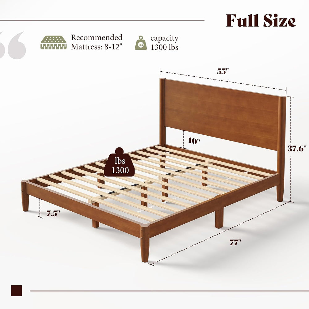 AMERLIFE Solid Wood Full Bed Frame, Mid Century Bed with Headboard, Brown