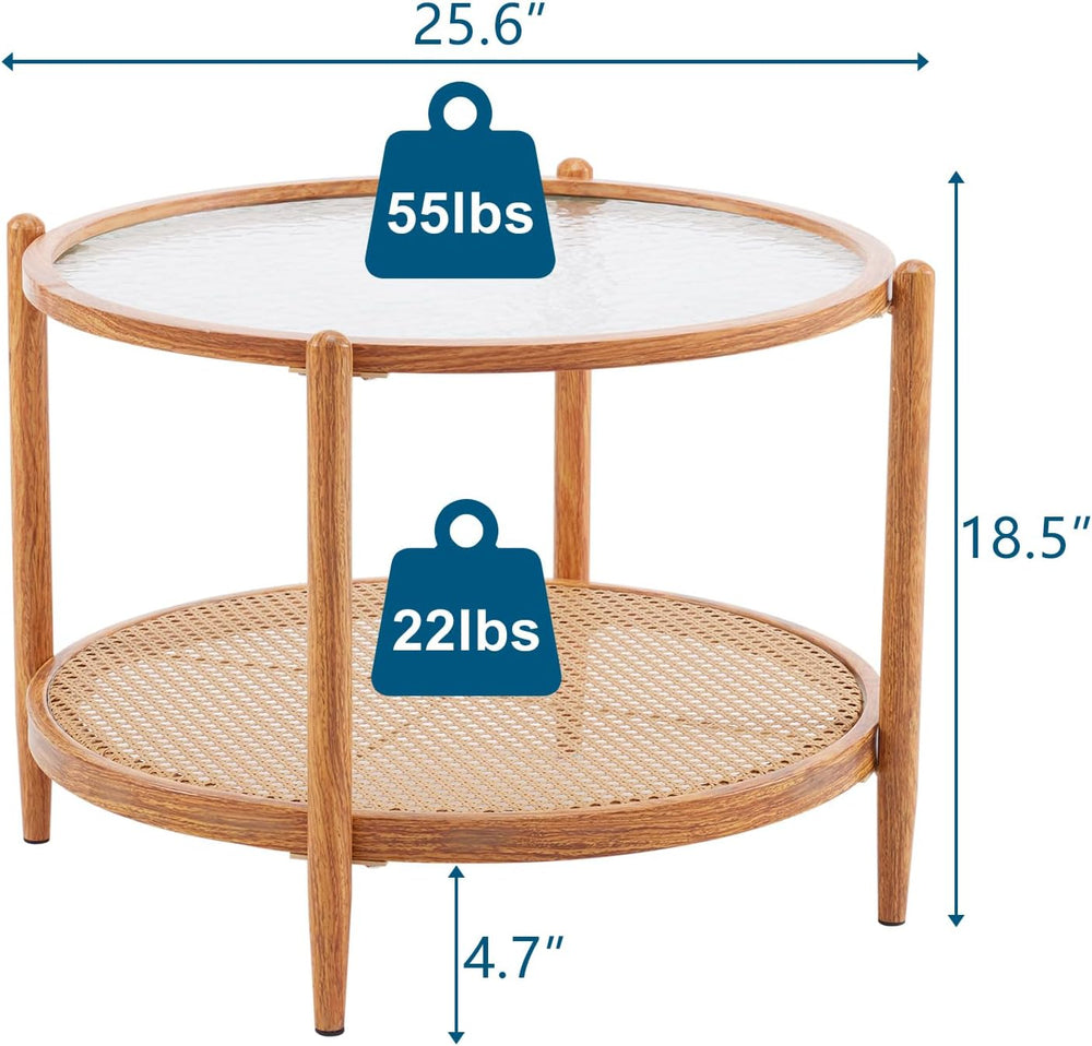 VINGLI 25.6" Round Glass Coffee Table, Rattan Coffee Table, Natural Vibe