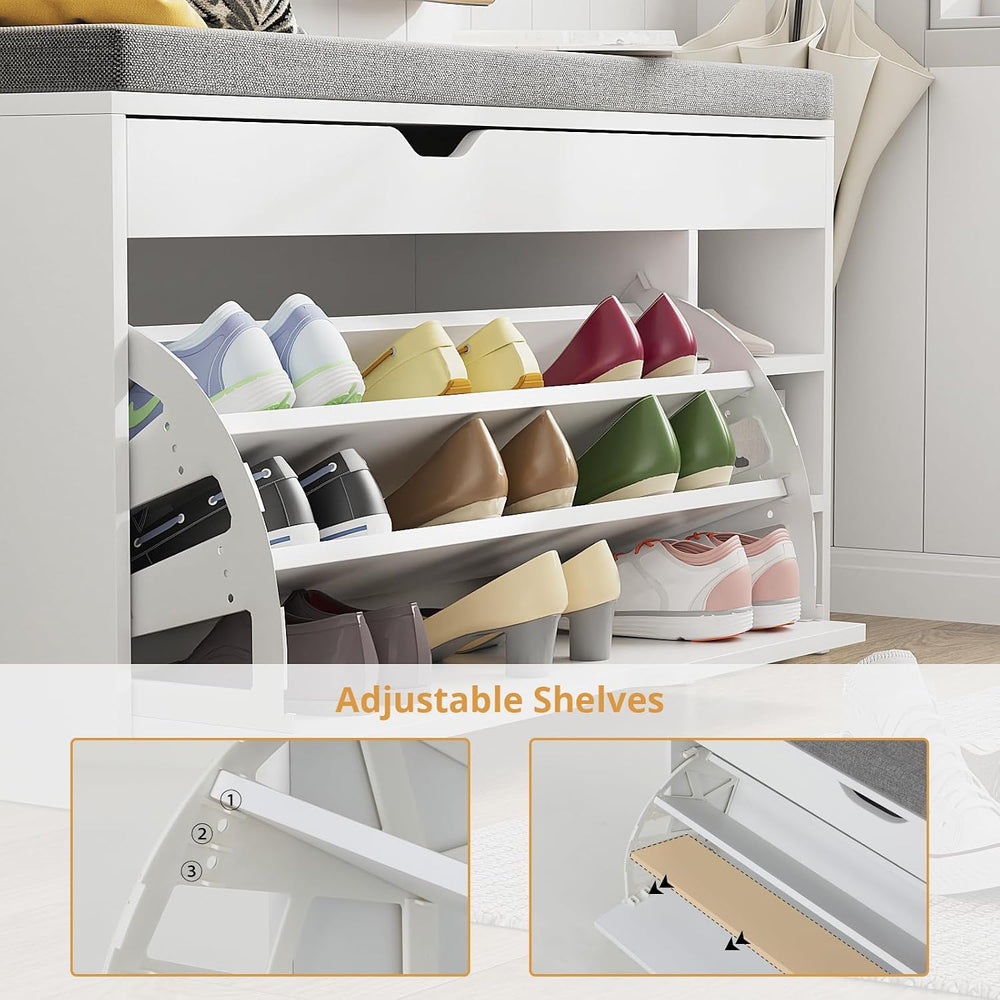 VOWNER Shoe Storage Bench with 3-Tier Flip Drawer & Padded Cushion, Shoe ...