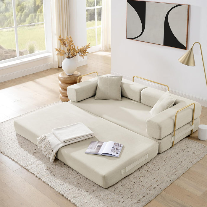 4-in-1 Folding Convertible Sofa Bed, 78 Inch Boneless Couch with Fixed-Shape Frame, Corduroy Loveseat Sleeper with Pull Out Bed, Floor Sofa Modular Futon Couch for Living Room Bedroom Lounge (Beige)