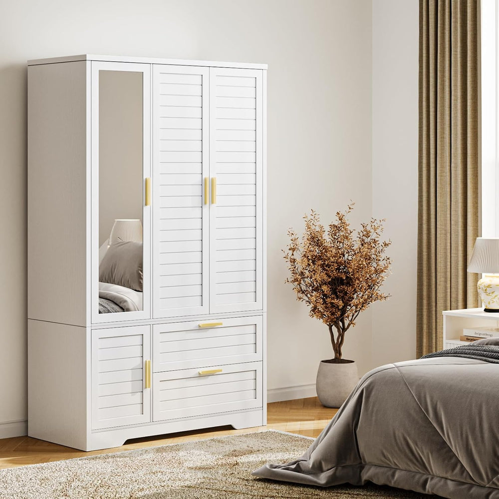 Armoire Wardrobe Closet with Mirror - 71“ Wood Clothing Storage Cabinet, Ward...