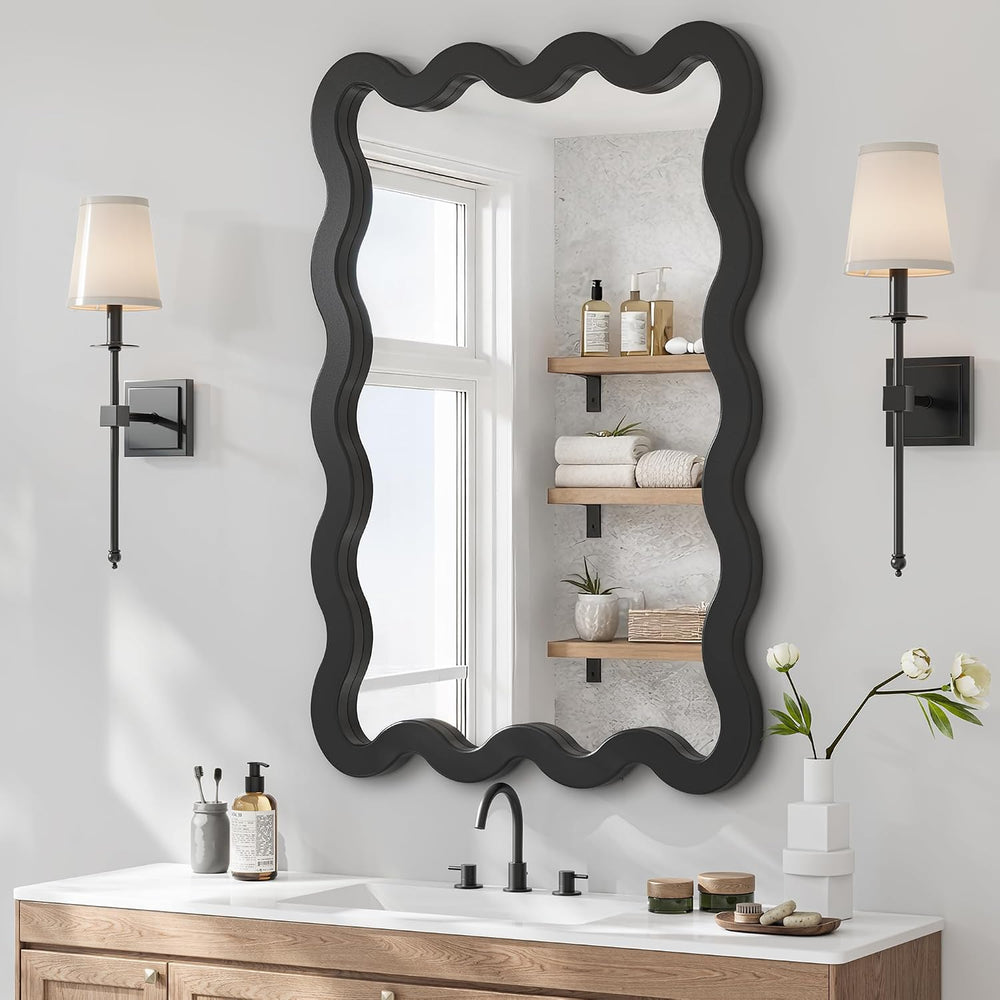 24x36 Black Wavy Bathroom Wall Mirror, Solid Wood Frame for Vanity