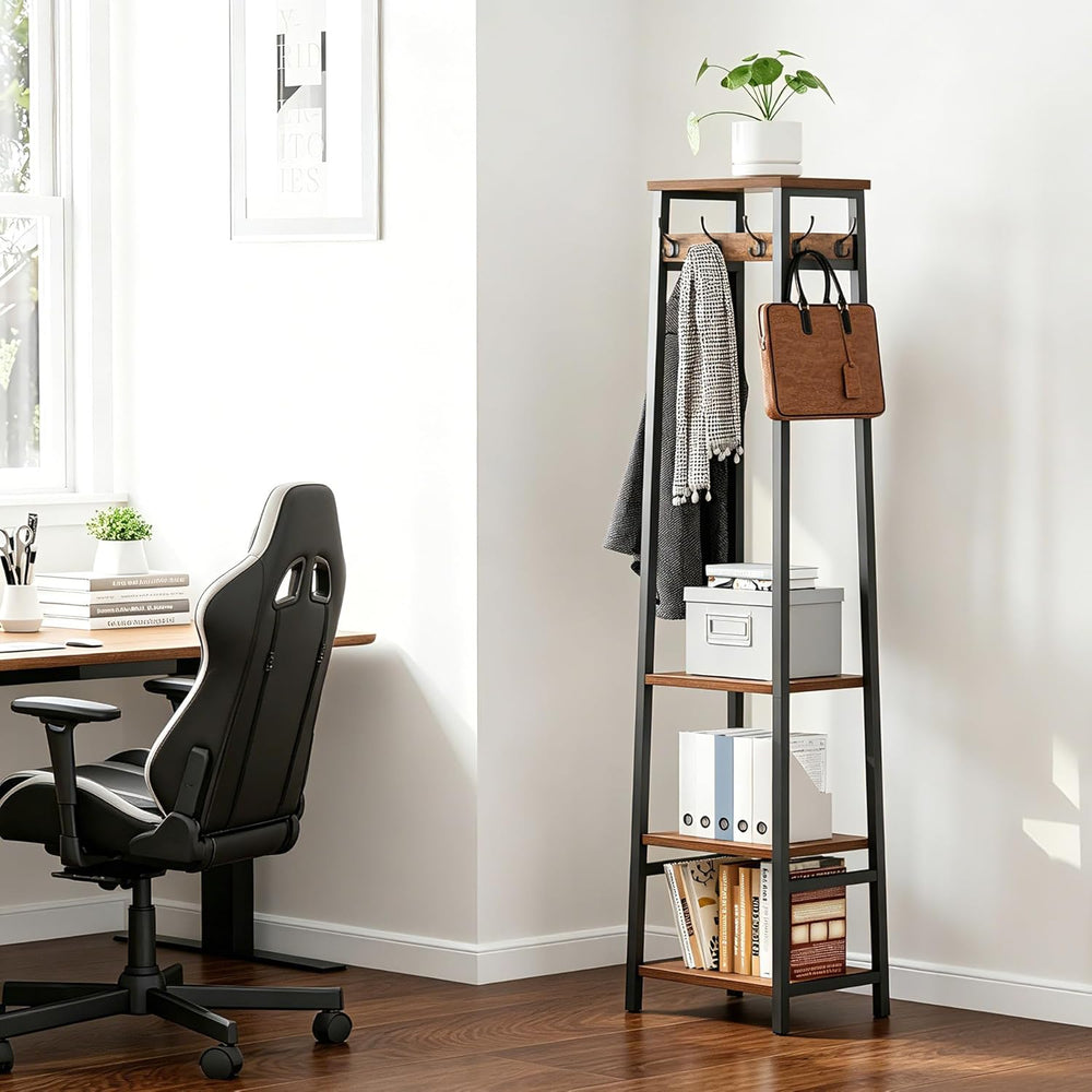 Coat Rack Freestanding, Coat Stand with 3 Shelves and 7 Hooks, Hall Tree Free...