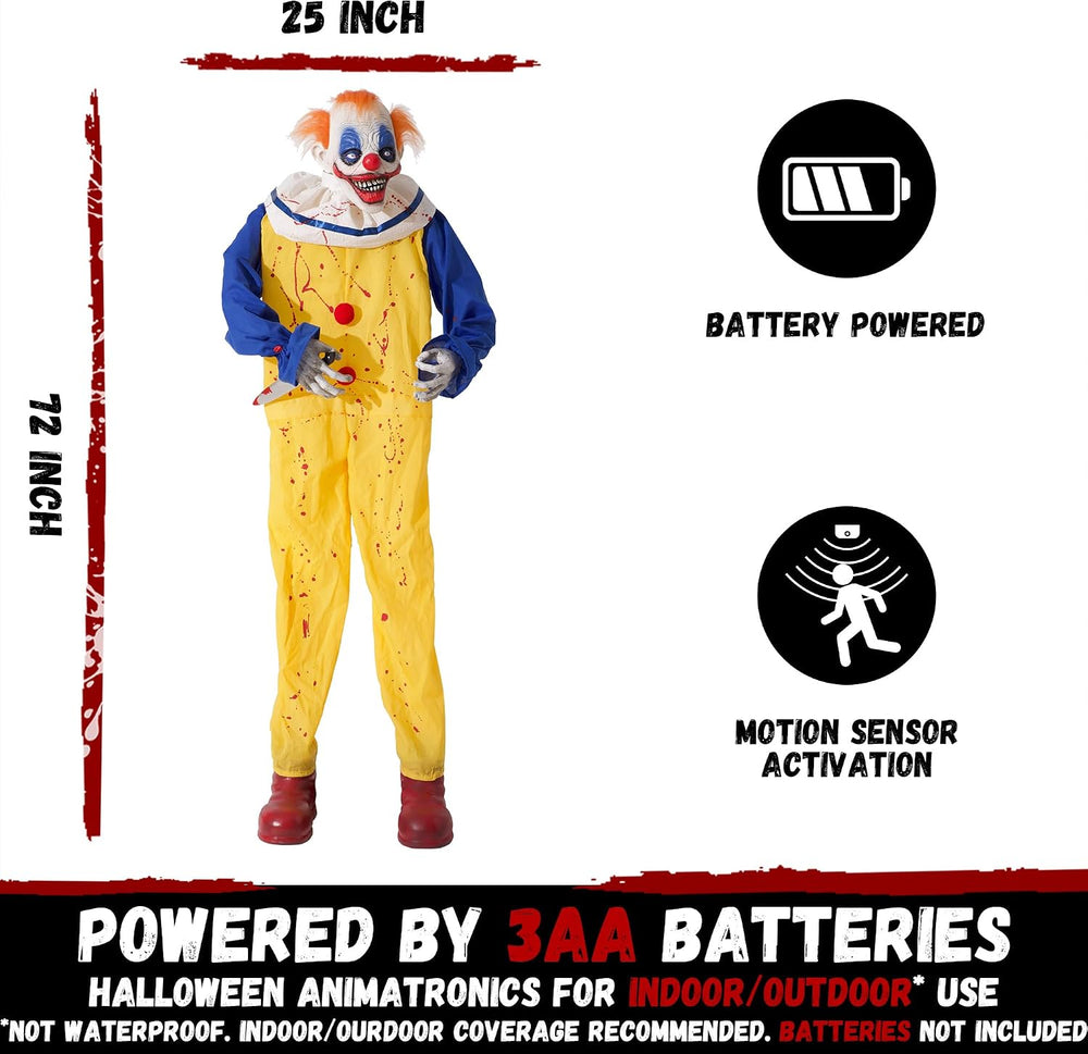Halloween Animatronic 6ft Killer Clown Decorations, 72inch Animated Clown wit...
