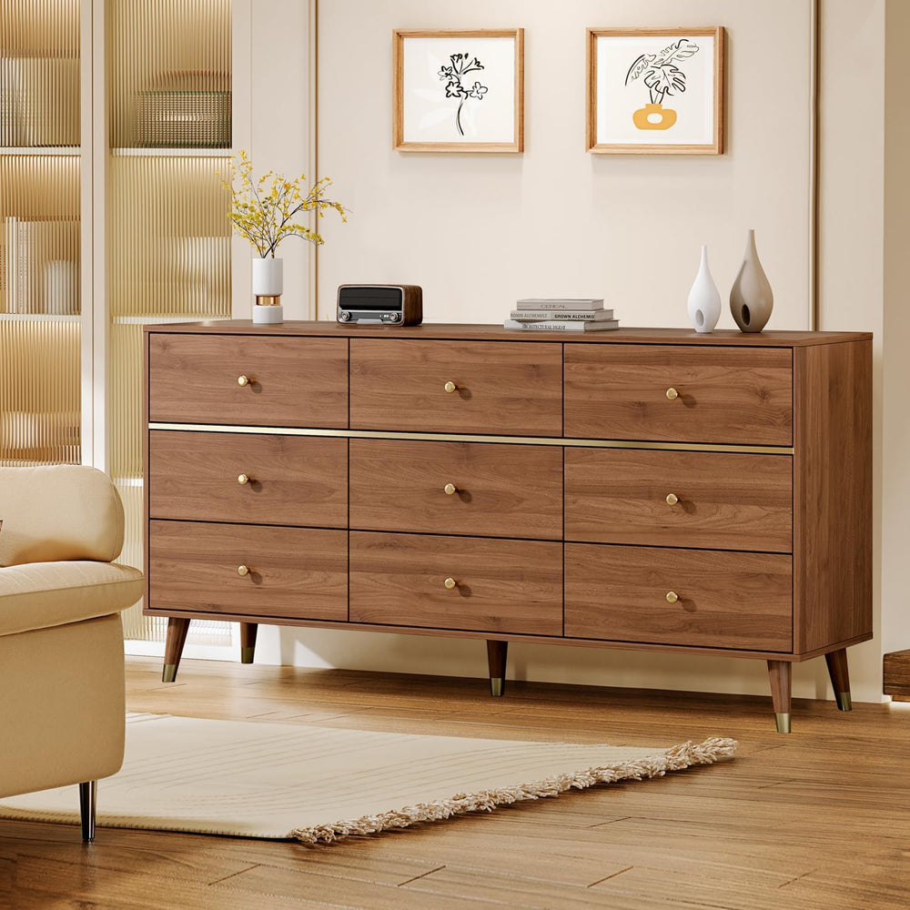 Chrangmay 9 Drawer Dresser,63" Wide Mid Century Modern Chest of Drawers,...