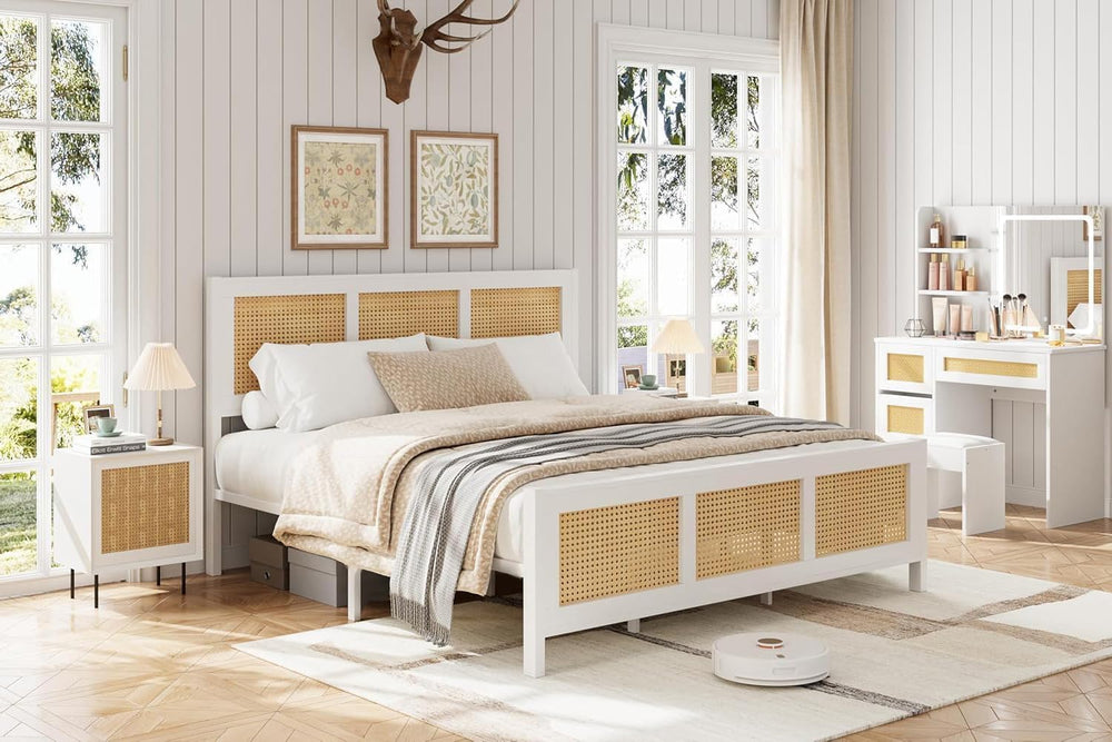 IDEALHOUSE Rattan Bed Frame with Headboard, Boho Full Size Bed Frame, White