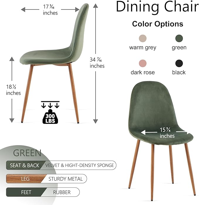Set of 4 Dining Chairs Upholstered Green Velvet Living Room Chair with Backre...
