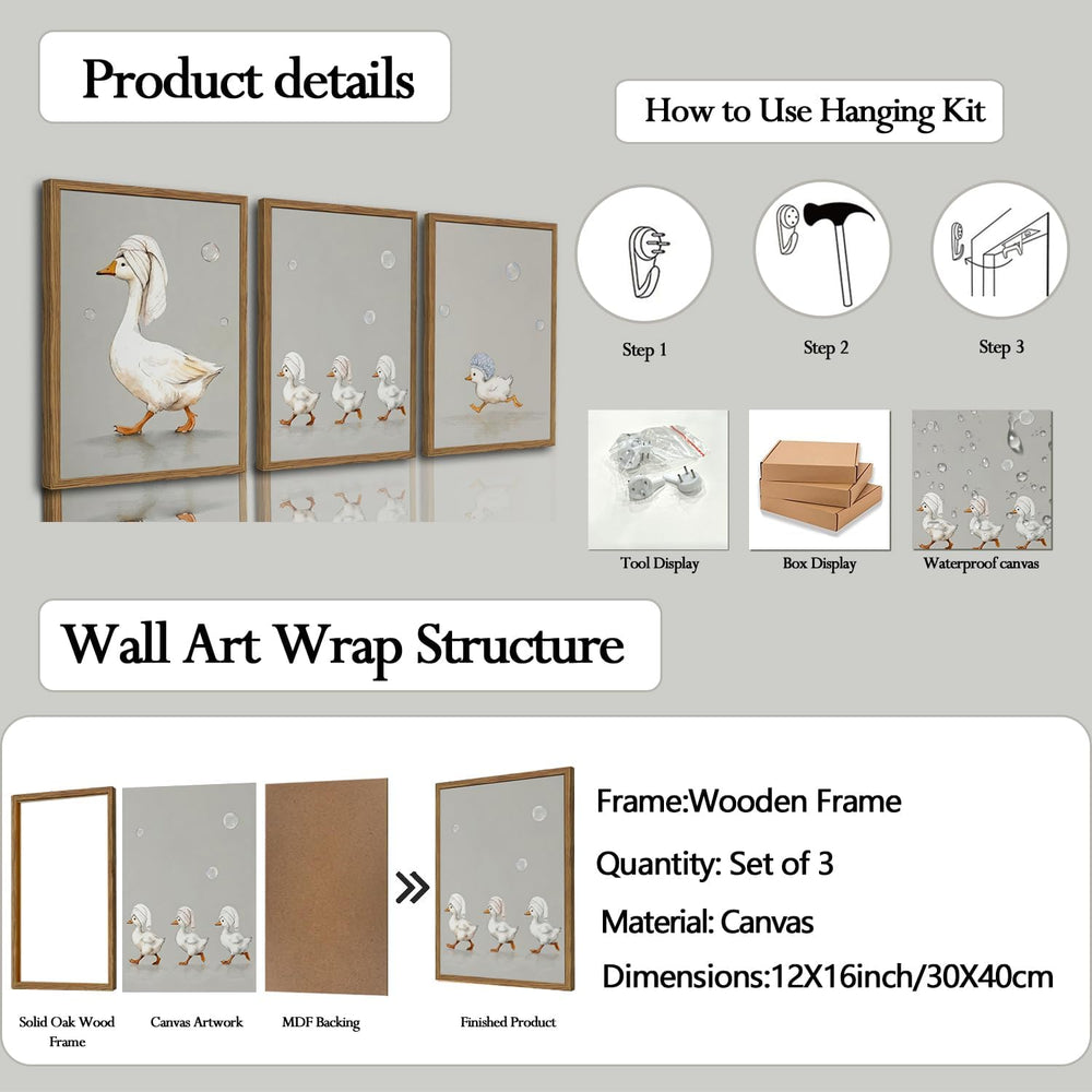 Cute Goose Bathroom Wall Art Set of 3, Funny Duck Bath Wall Decor Painting, W...