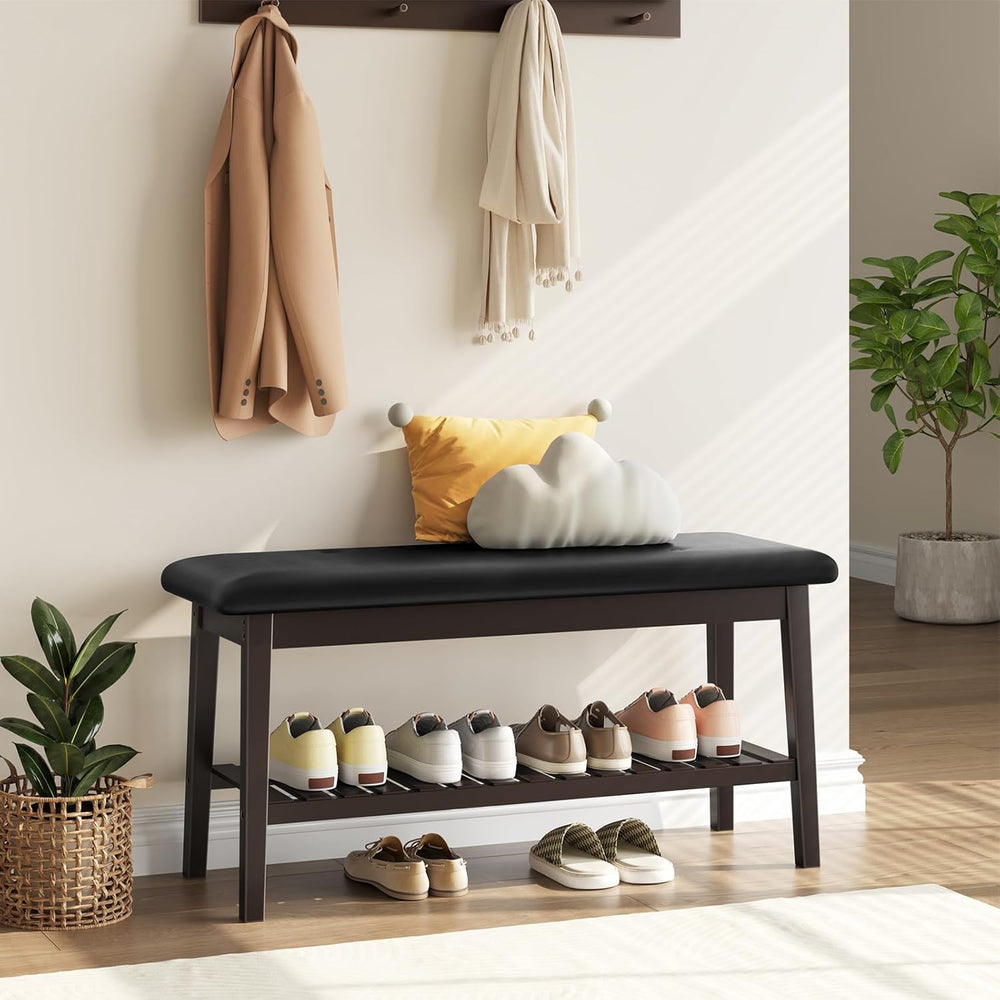 HOOBRO Dining Bench, Bamboo Dining Room Bench, 2-Tier Entryway Bench with PU ...