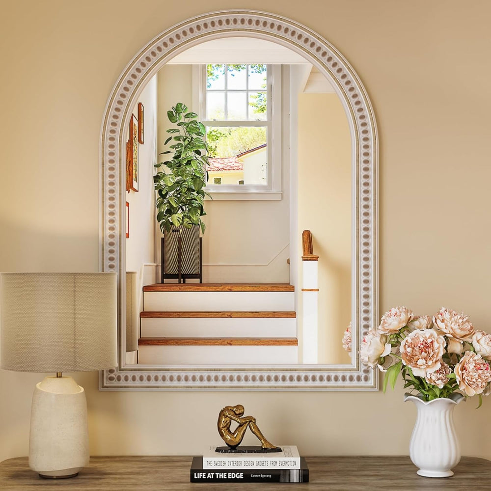 Boho Mirror for Wall, 22" x 30" Farmhouse Arched Rustic Wooden Fram...