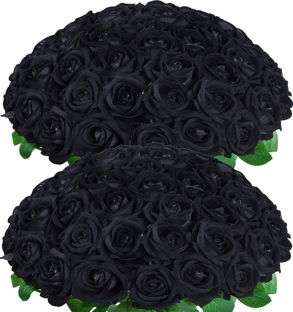 50Pcs Black Roses Artificial Flowers, Real Touch Velvet Fake Roses Bouquet