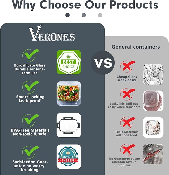 VERONES 30 Pieces Glass Meal Prep Containers Set, Stackable Glass Food Storage