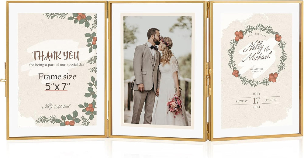 Gold Floating Frames, Vintage 5x7 Triple Folding Picture Frame, Hinged Glass ...