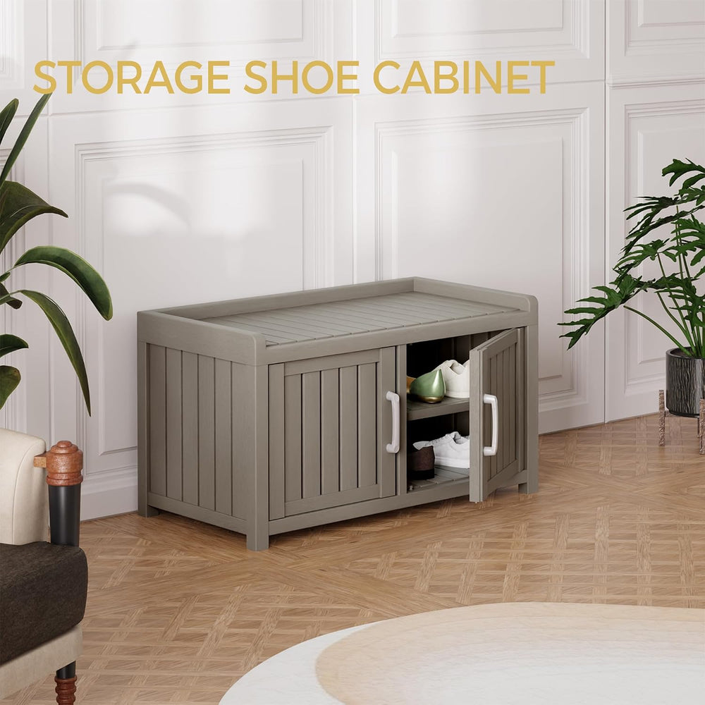 Storage Bench - 2 Doors Waterproof Resin Shoe Bench with Adjustable Shelves -...