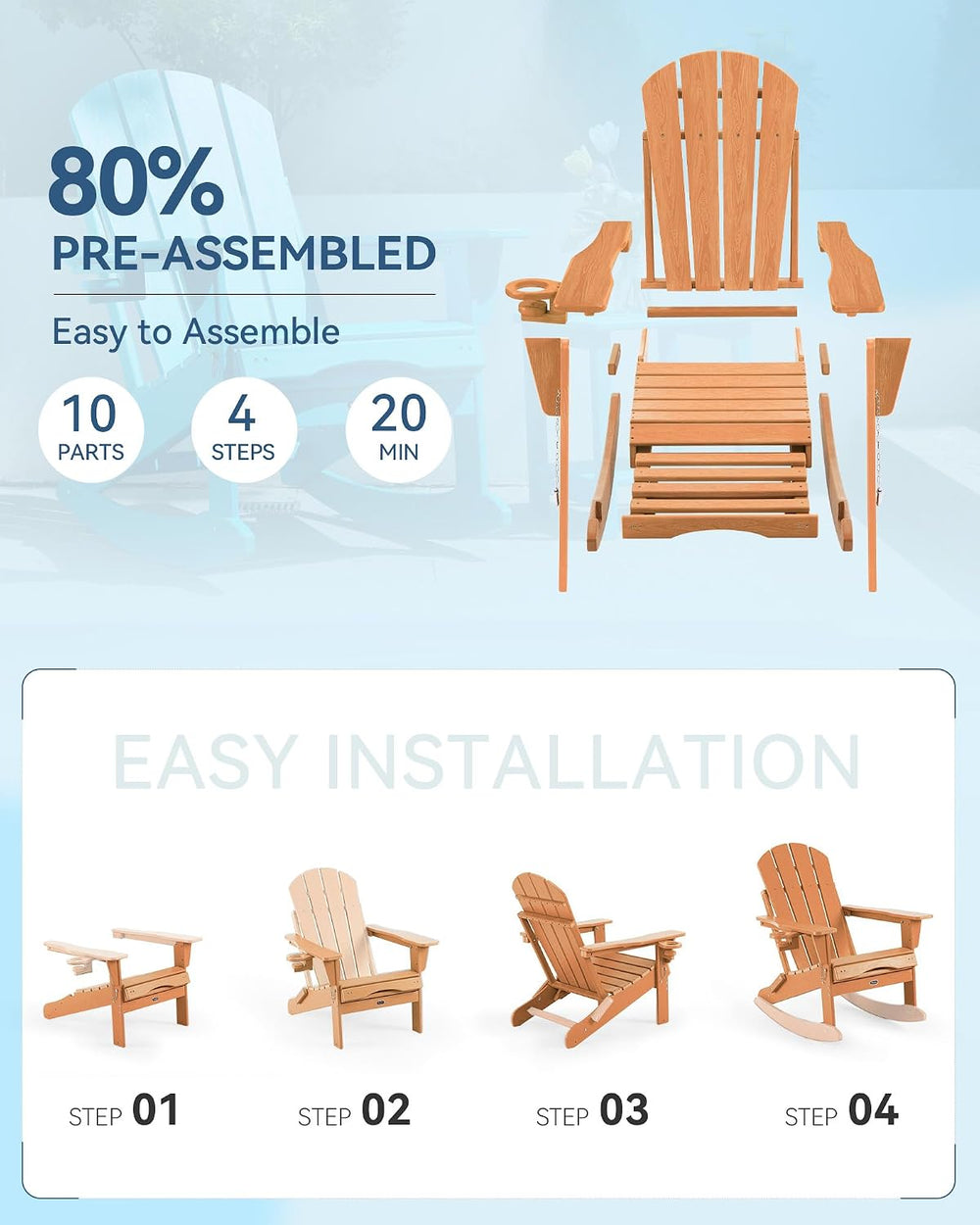 Folding Adirondack Rocking Chair with Footrest, HDPE Adirondack 4-in-1 Multif...
