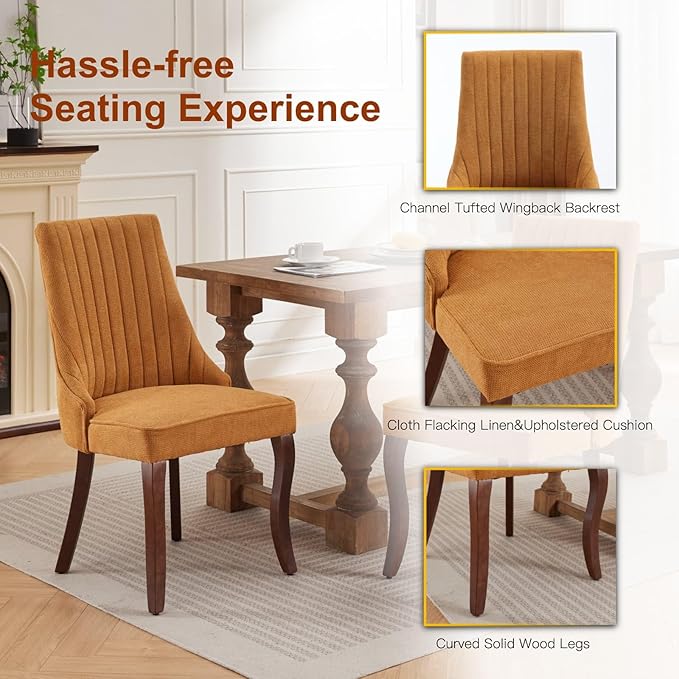 Linen Dining Chairs Set of 6,Comfy Fabric Upholstered Accent Chairs for Kitch...
