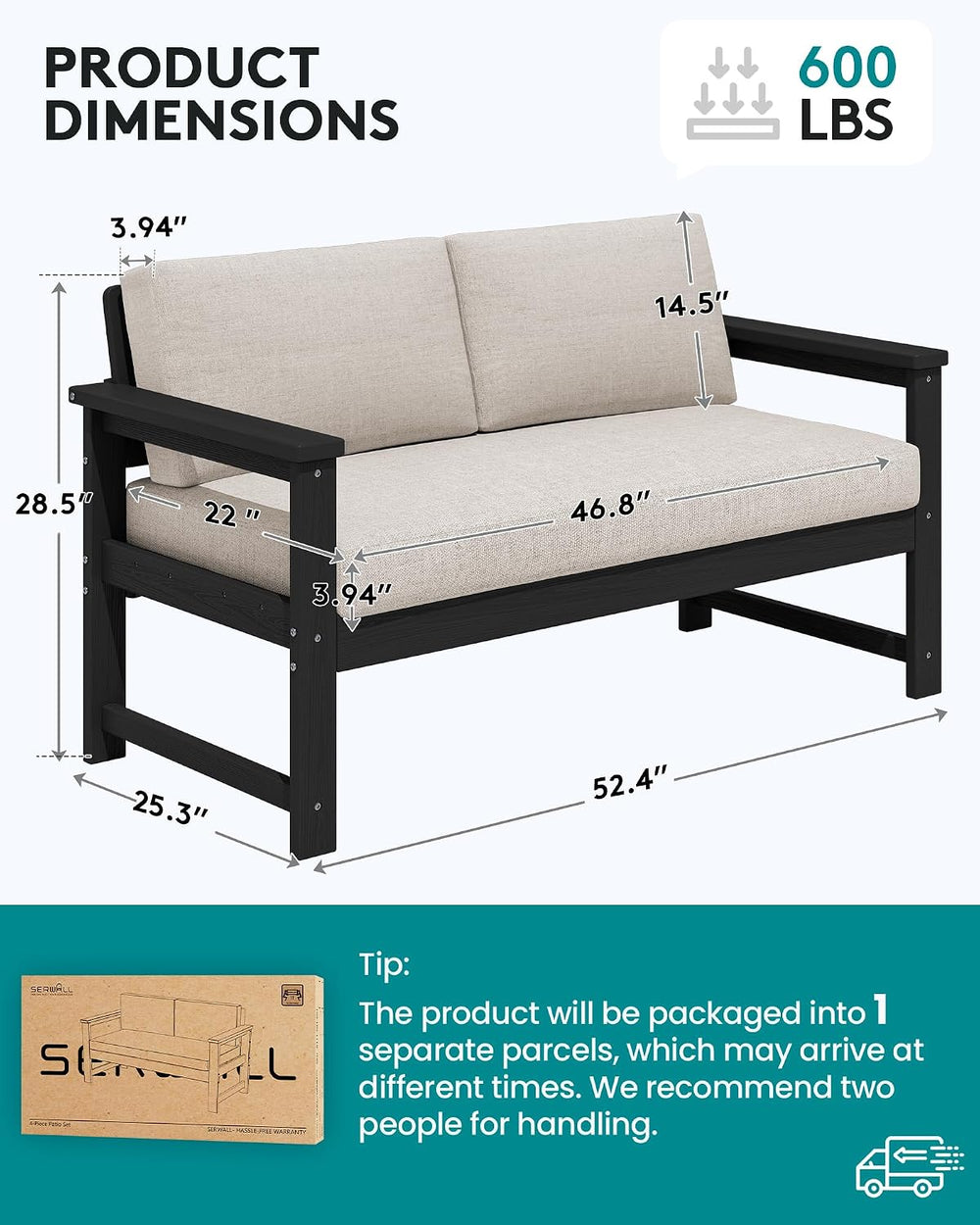 SERWALL HDPE Outdoor Loveseat with Cushion, Outdoor Sectional Furniture Set
